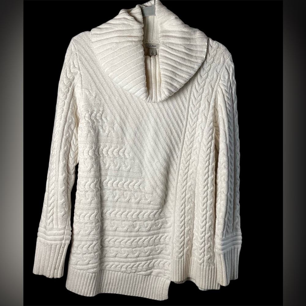 L.L. Bean Cream Cable-Knit Shawl-Collar Turtleneck Sweater